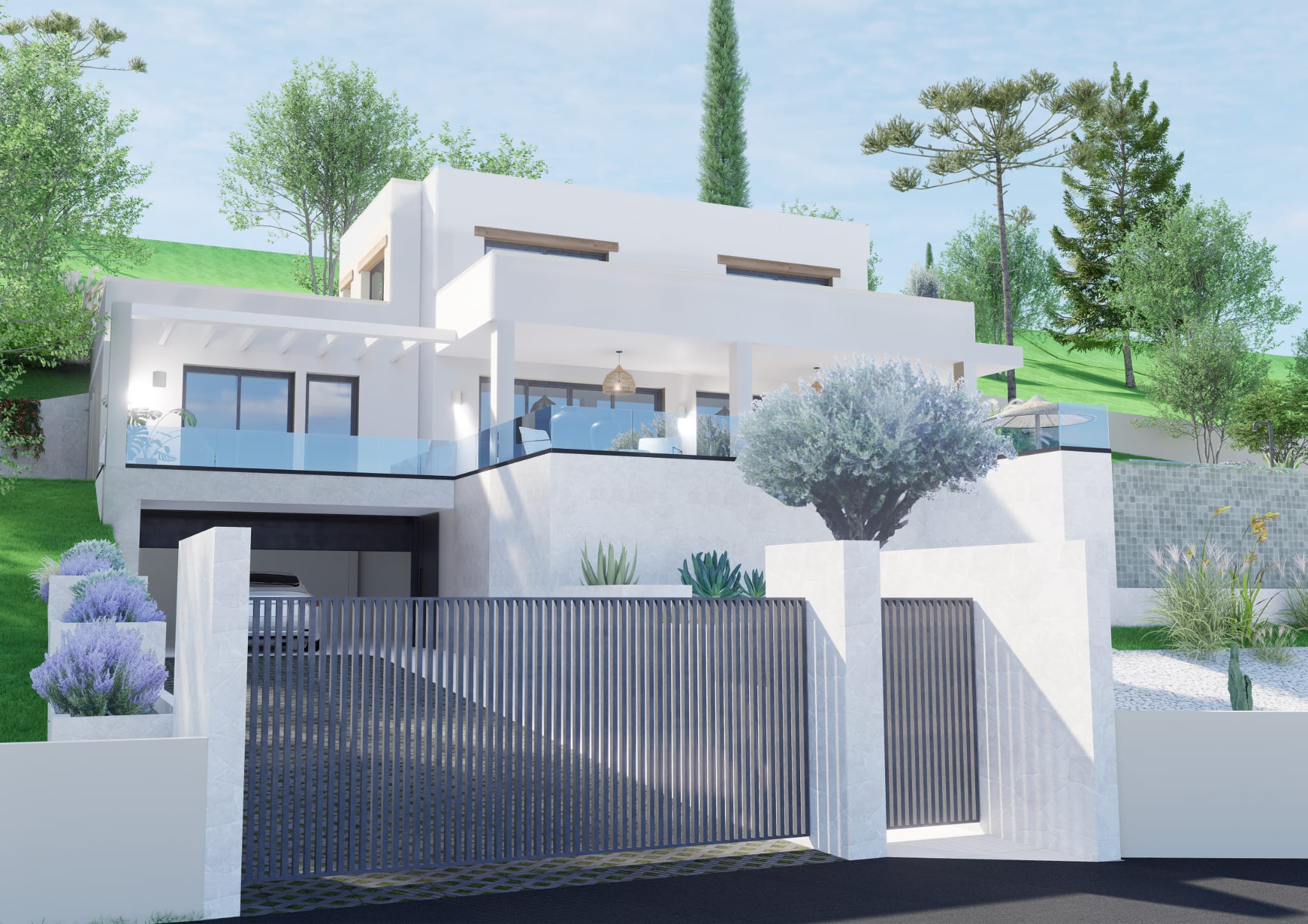 Fachada de villa moderna en blanco con terrazas escalonadas, barandillas de cristal, acceso a garaje y portón metálico gris rodeado de jardinería mediterránea.