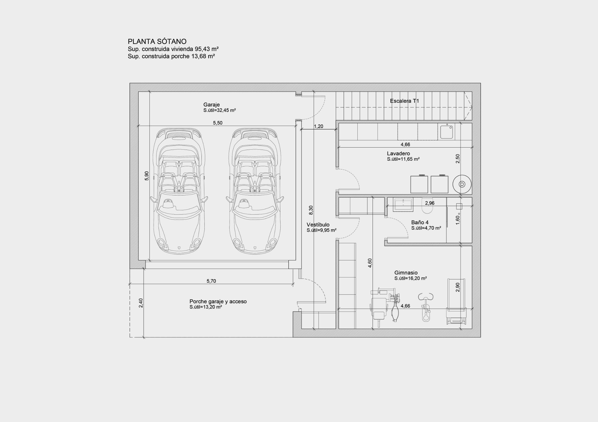 Plano técnico de la planta sótano que incluye garaje doble, lavadero independiente, gimnasio privado, baño completo y vestíbulo de acceso con superficies detalladas.