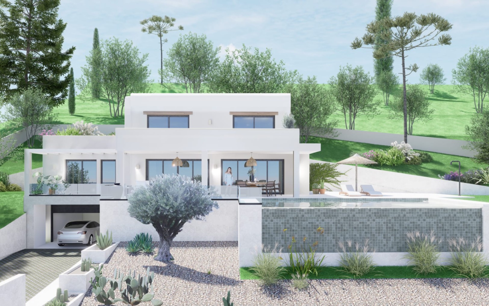 Villa blanca moderna con piscina infinita de mosaico gris, garaje integrado y jardín mediterráneo con olivos y cactus.