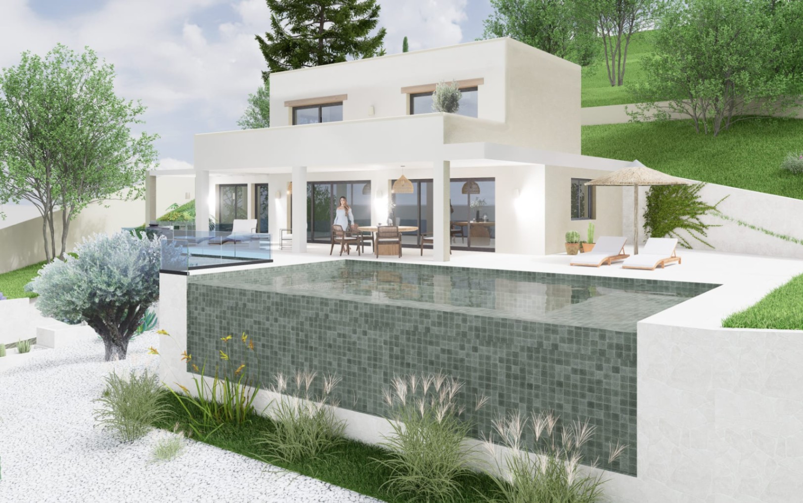 Villa moderna de dos niveles con piscina infinita de gresite verde, porche cubierto con comedor exterior y jardines mediterráneos sobre grava blanca.