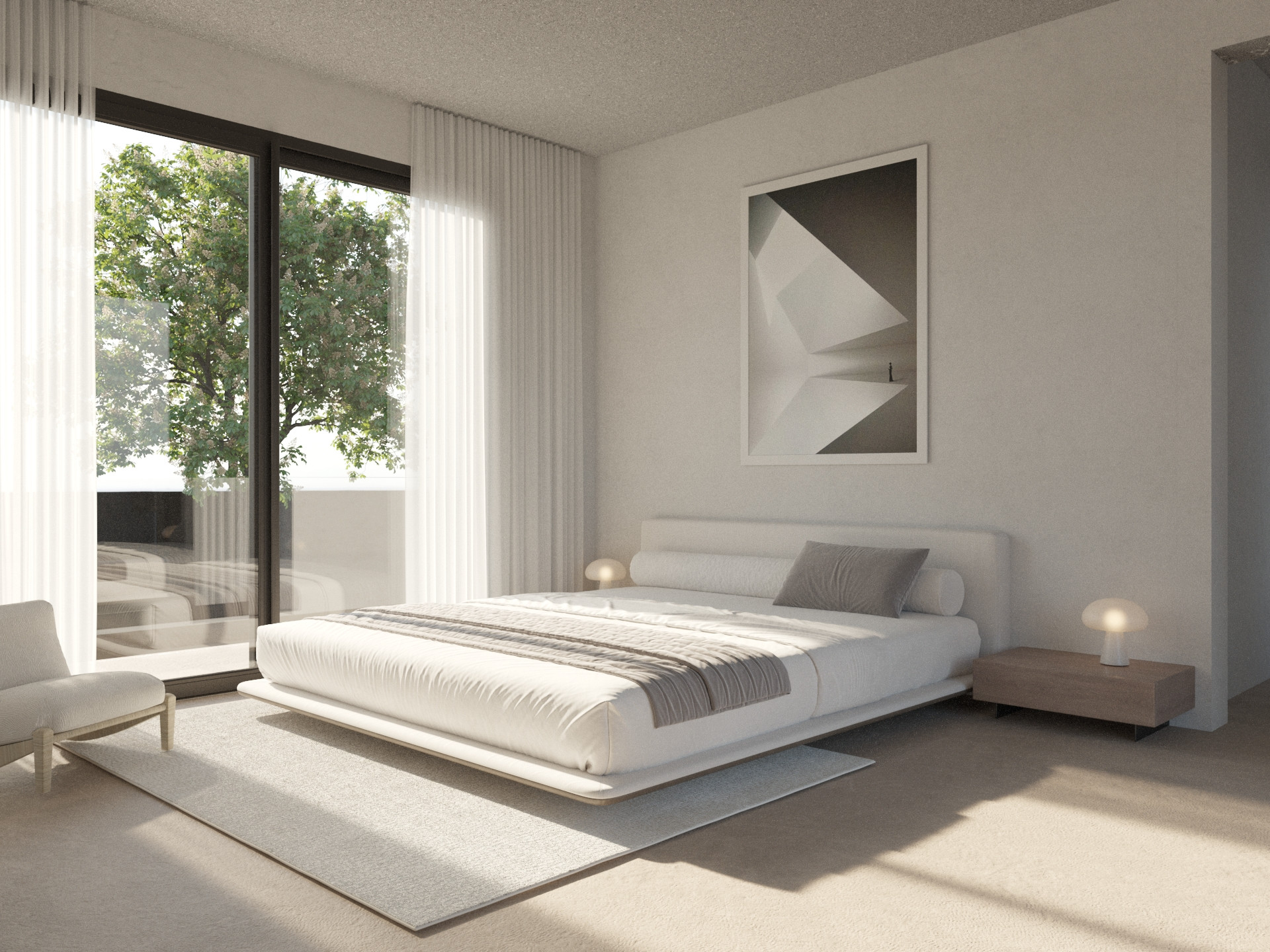 Dormitorio contemporáneo con cama de perfil bajo, mesitas minimalistas y grandes ventanales de suelo a techo que conectan con una terraza privada.