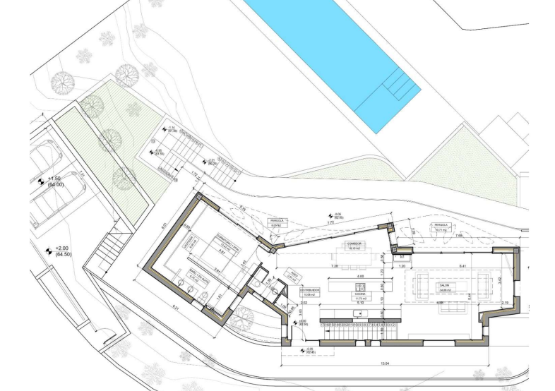Plano técnico que detalla la distribución interior con suite principal, salón-comedor integrado, cocina moderna, pérgolas exteriores y zona de piscina.