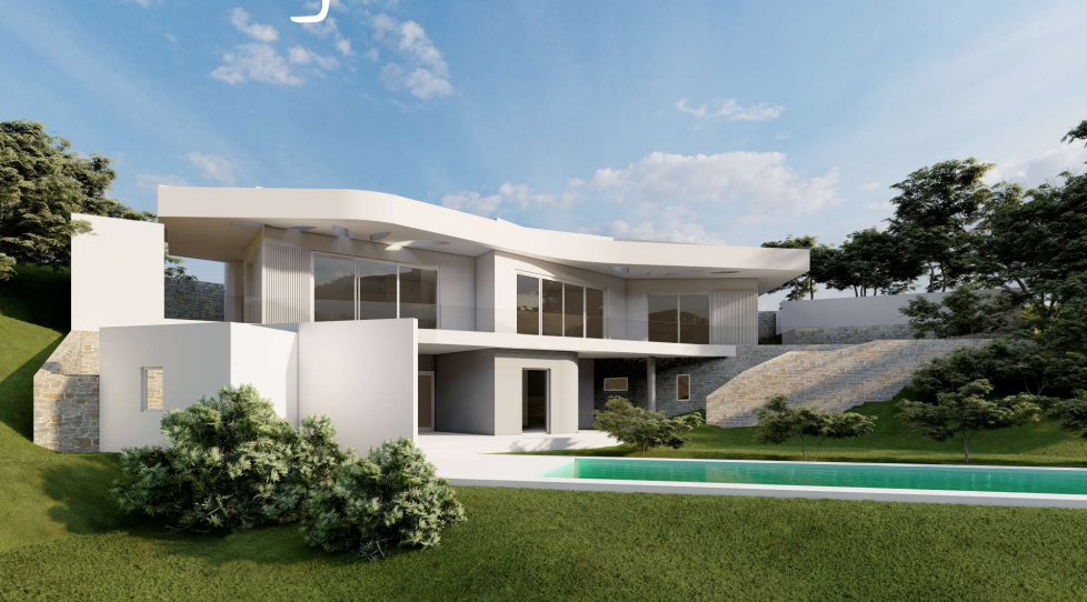 Villa moderna de dos niveles con una cubierta curva distintiva, amplios ventanales de cristal y piscina rectangular integrada en un jardín con muros de piedra.