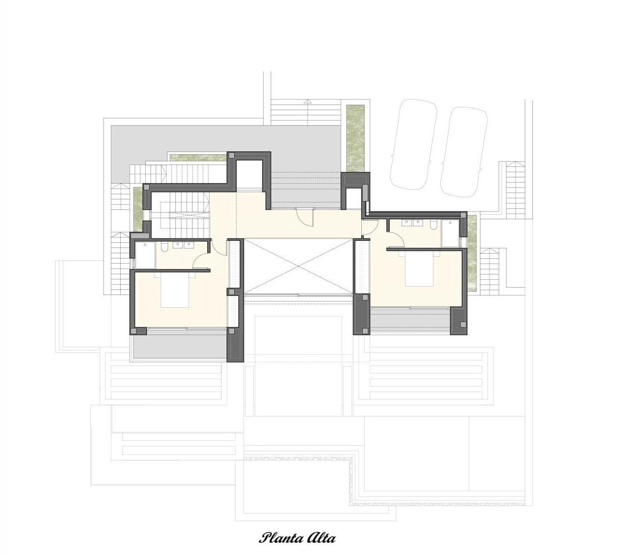 Plano detallado de la planta alta que muestra dos dormitorios con baños en suite, acceso por escalera y distribución técnica de espacios.
