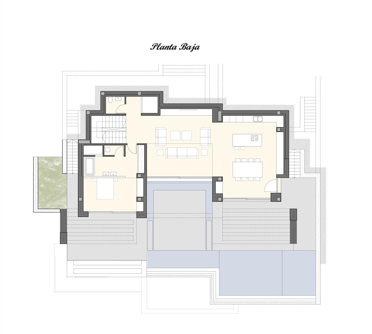Plano detallado de la planta baja que incluye un salón-comedor diáfano, cocina con isla, un dormitorio con baño en suite y una amplia zona de terraza con piscina.