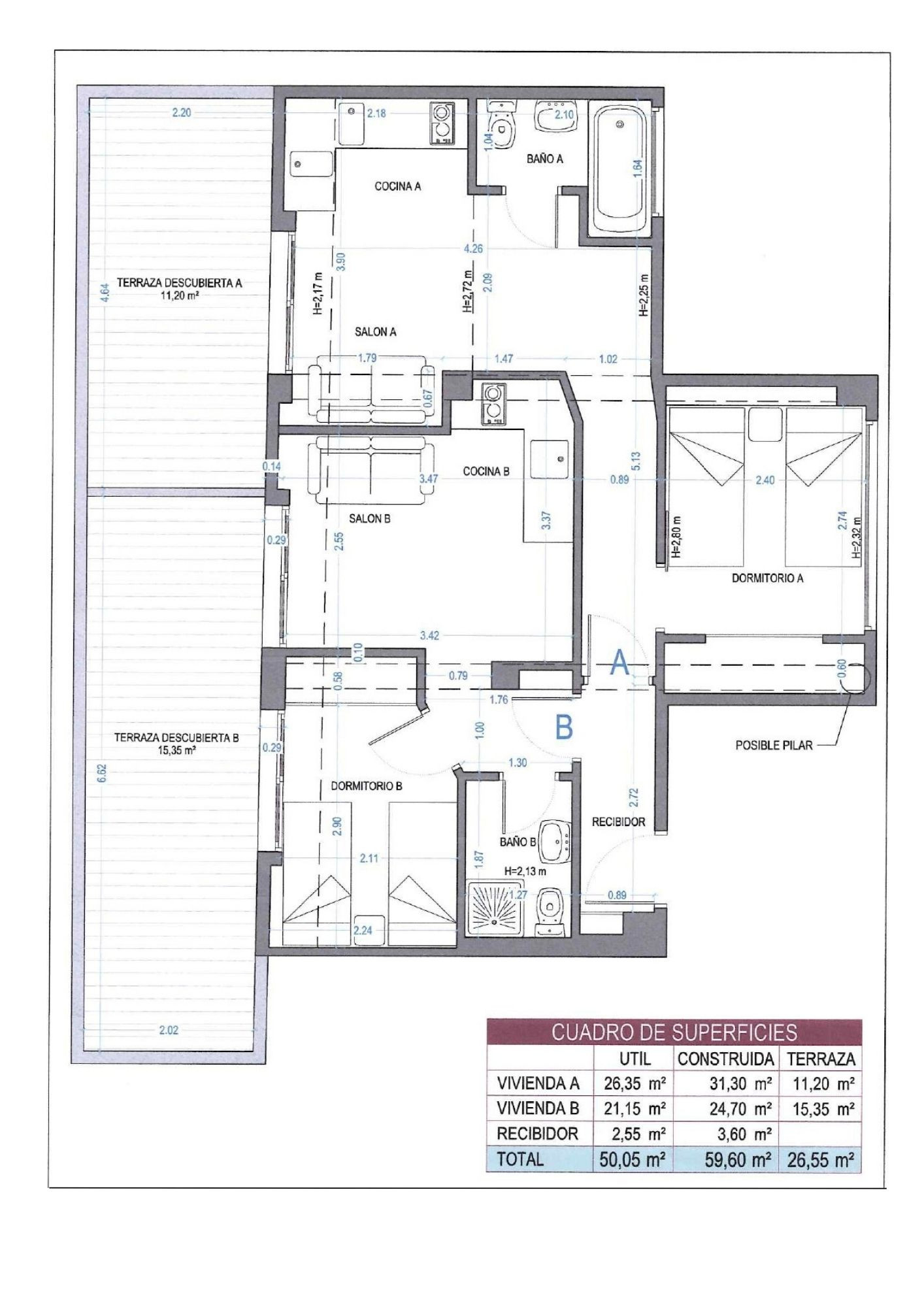 Plano técnico detallado que muestra la distribución de dos unidades independientes con dormitorios, cocinas y terrazas exteriores que suman 26,55 m².