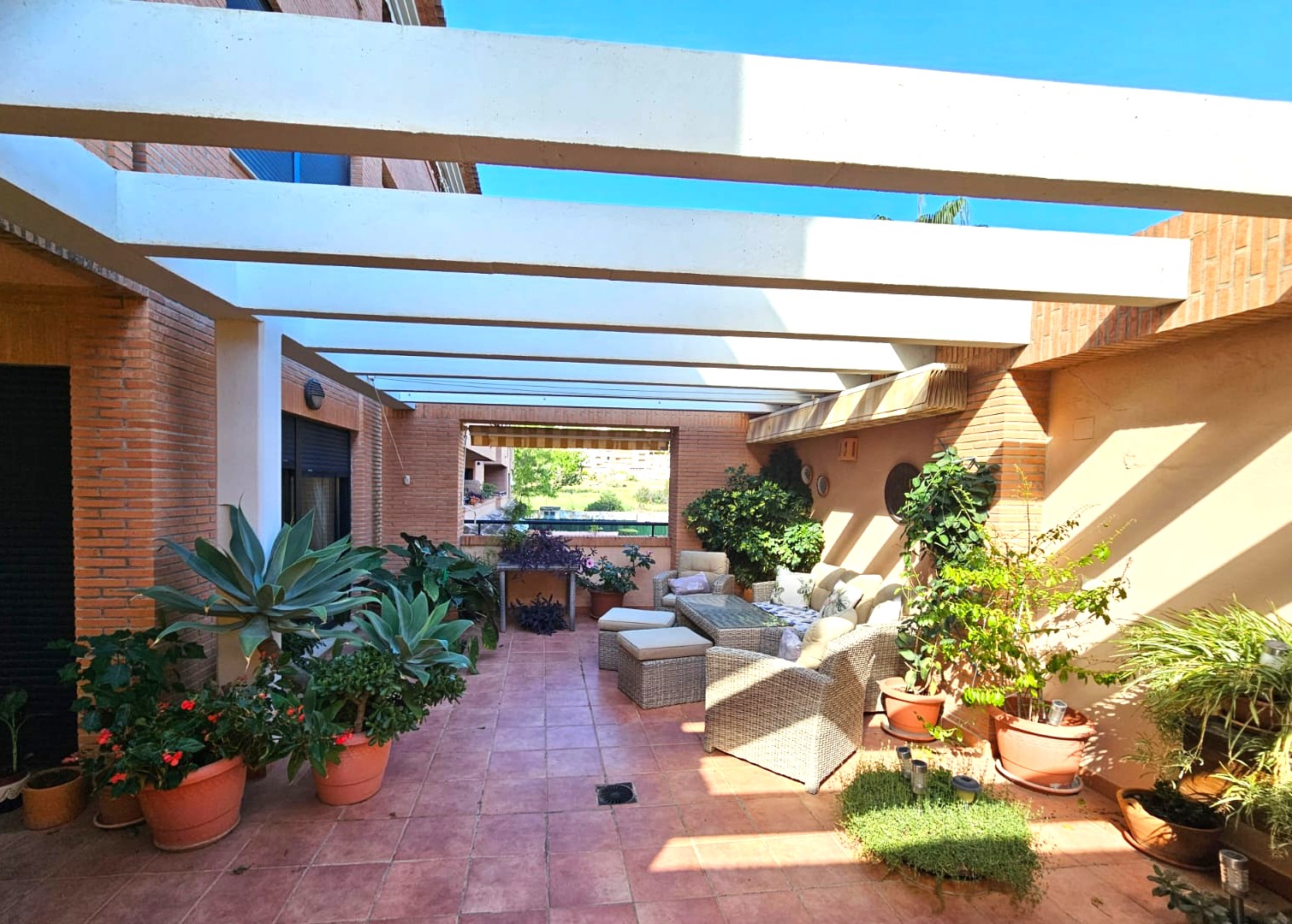 Amplia terraza con suelo de terracota, vigas de pérgola blancas y zona de estar de mimbre rodeada de plantas mediterráneas y paredes de ladrillo visto.