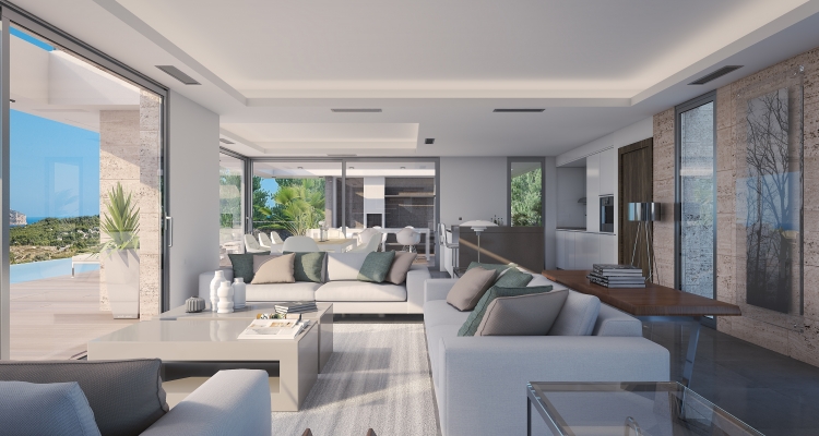 Salón de concepto abierto con grandes ventanales correderos, iluminación LED empotrada y paredes con texturas de piedra natural que conectan con la terraza.