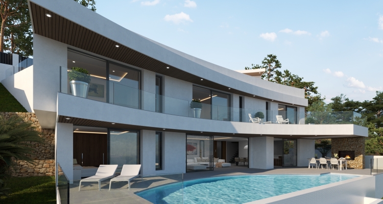 Villa moderna de dos niveles con fachada curva, piscina infinita y zona de comedor exterior con chimenea de piedra y techos de madera integrados.