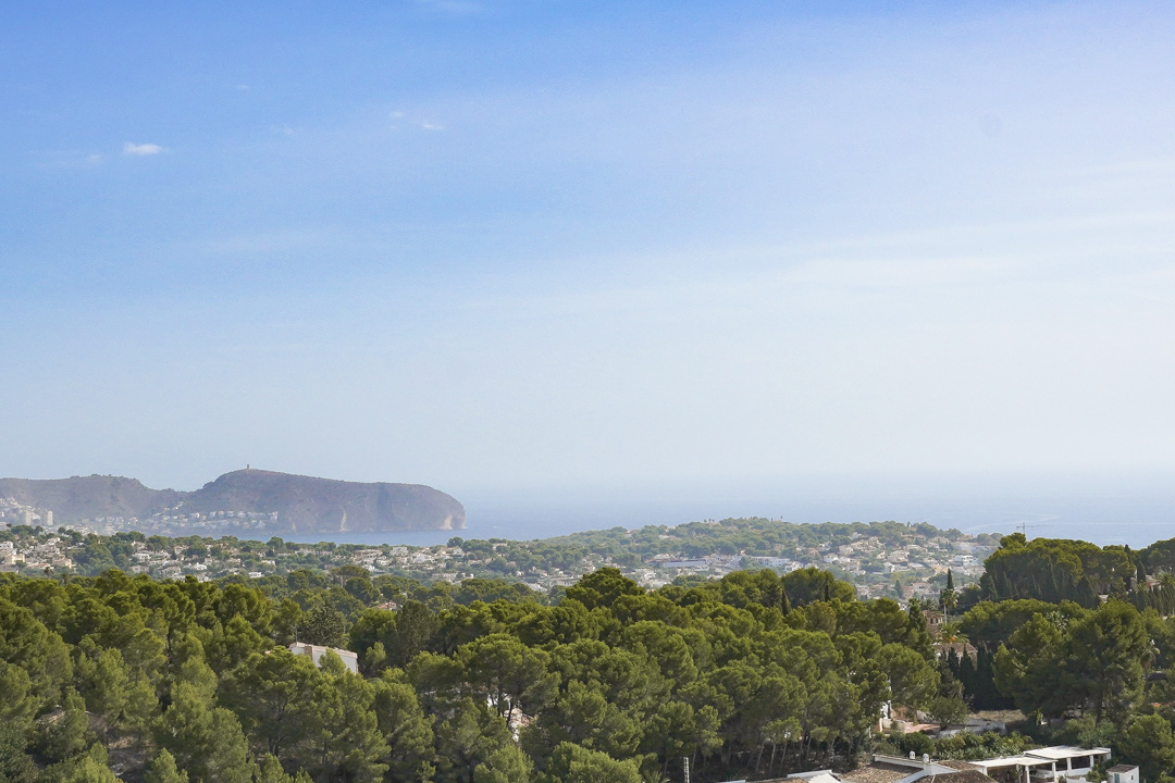 Vista panorámica desde la parcela que muestra un denso pinar mediterráneo, zonas residenciales costeras y el mar con el cabo al fondo bajo un cielo despejado.