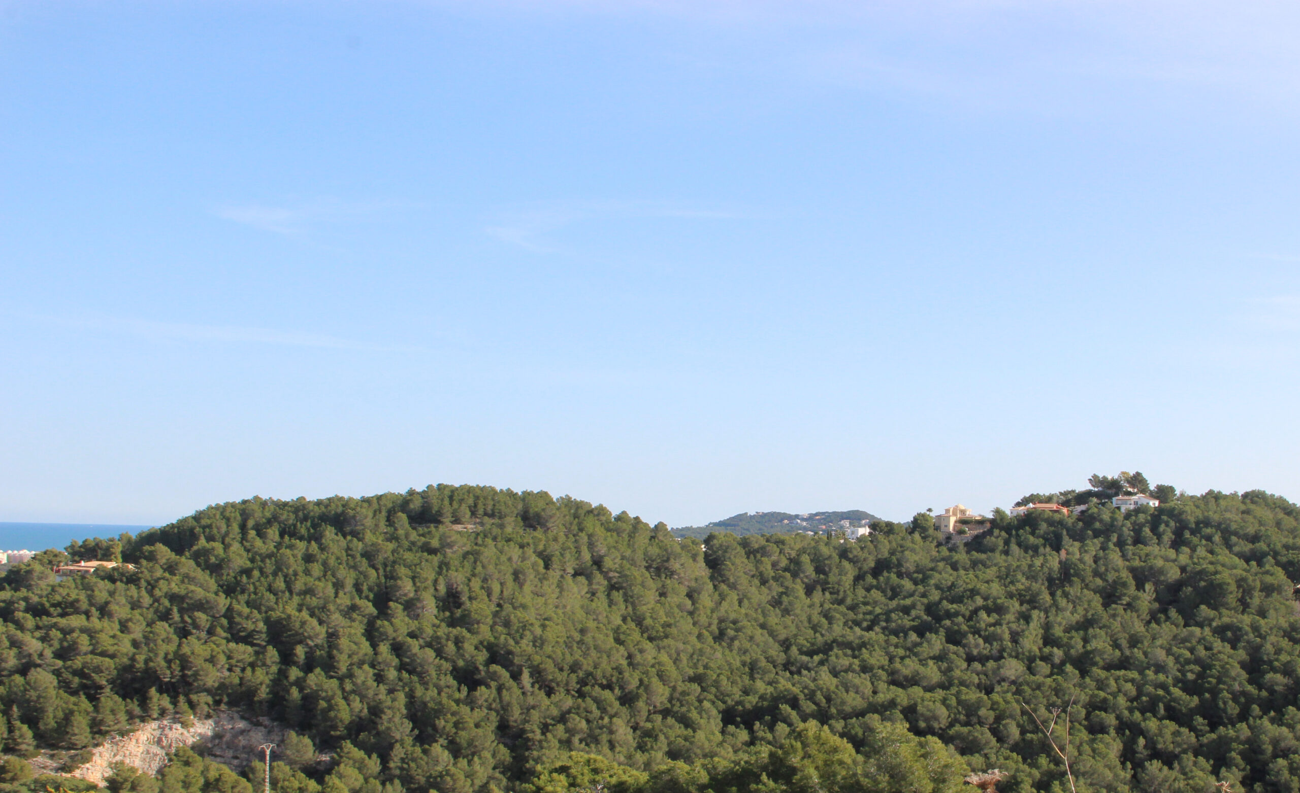 Vista panorámica desde la parcela hacia las colinas boscosas de pinos, con el mar Mediterráneo visible en el horizonte bajo un cielo despejado.